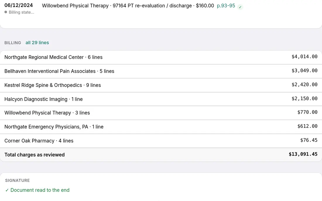 Billing totals for a synthetic case, listed by provider with a total of charges as reviewed.