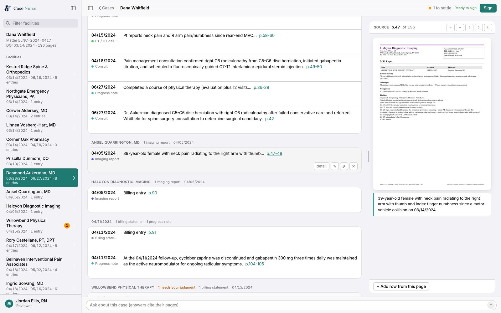 A page-cited chronology with the source page open alongside, built from synthetic records.