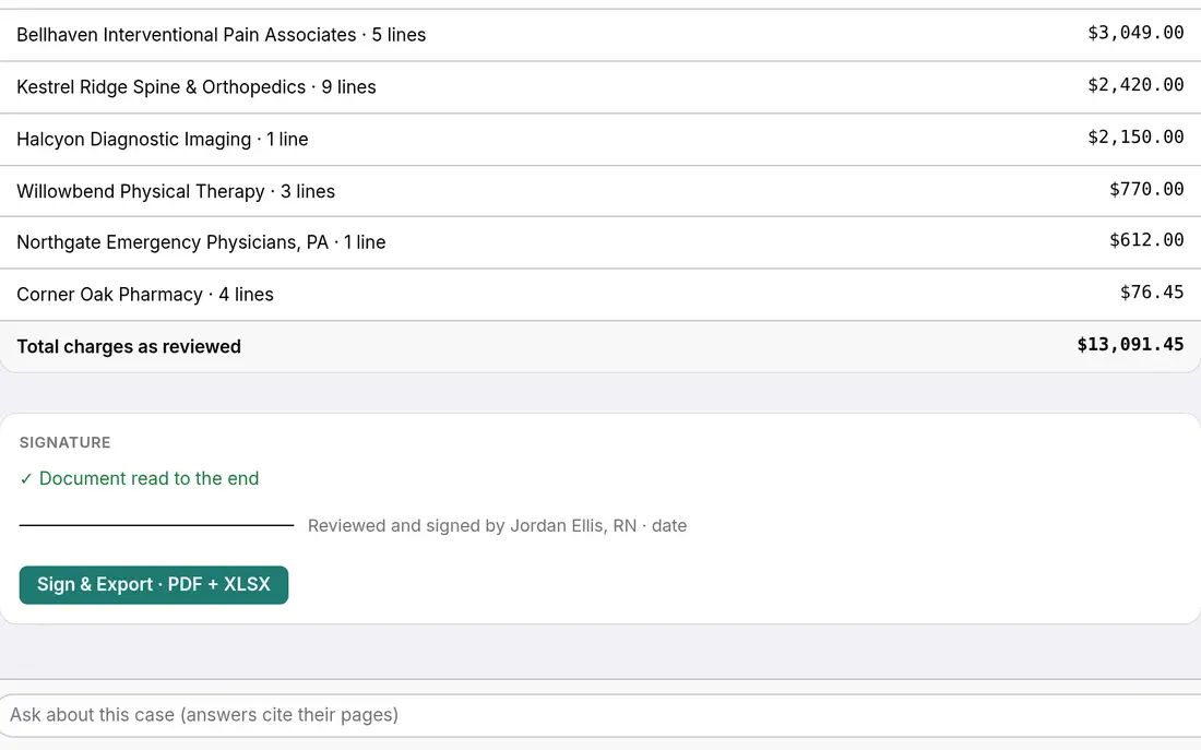 The signature step: billing totals by provider, a confirmation that the document was read to the end, and a Sign and Export button.